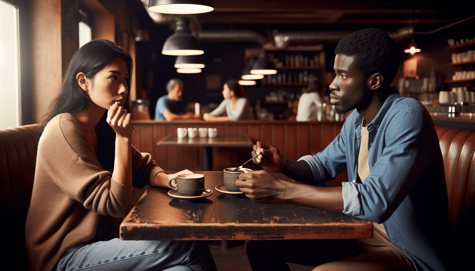Et par diskuterer tillitsproblemer i ekteskapet over en kaffe på en koselig kafé.