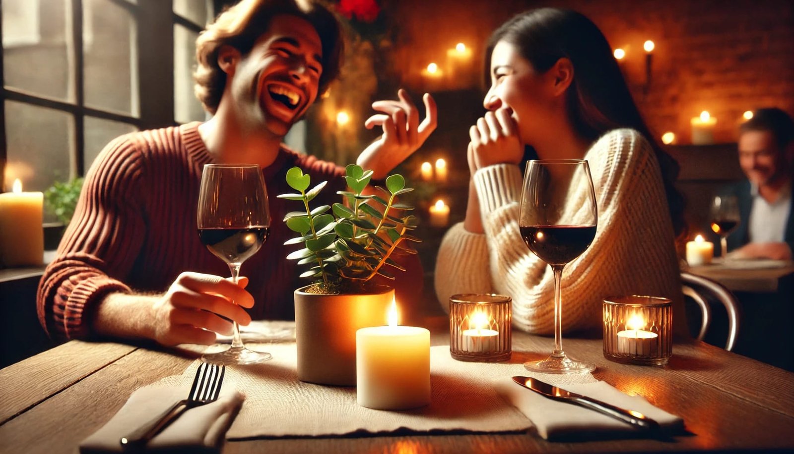 En varm restaurantscene med to vinglass, et stearinlys og en potteplante, som viser et par i en livlig samtale.