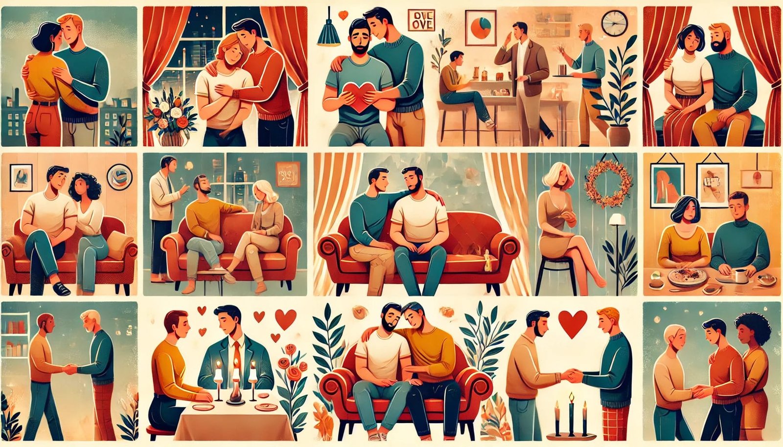 En illustrasjon som viser ulike roller menn har i parforhold, blant annet å trøste en partner, planlegge sammen, støtte ved arrangementer, kommunisere åpent og vise romantiske gester, i et koselig miljø.