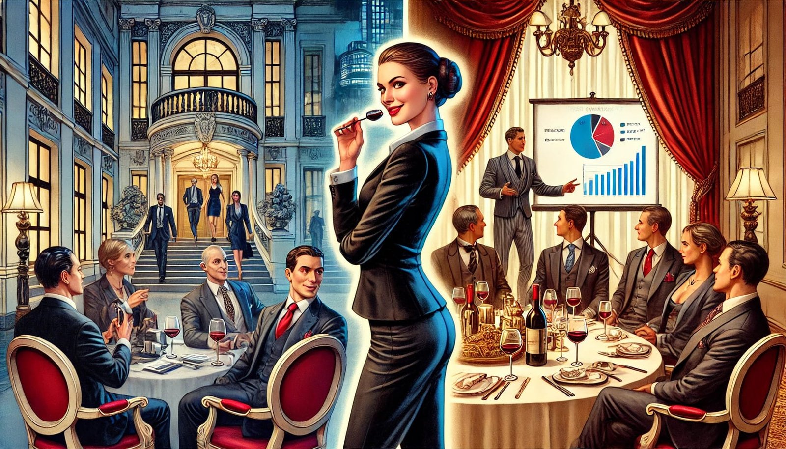 En illustrasjon som viser en luksuriøs hotellobby med en velkledd kvinne som flørter med en mannlig hotellansatt, mot et bakteppe av et konferanserom og et elegant spisested, og som fanger opp kontrasten mellom profesjonalitet og personlig drama.