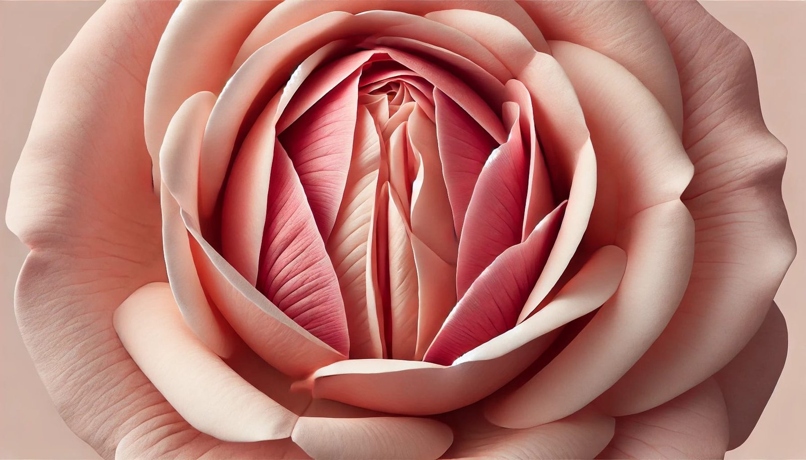 Nærbilde av en rose i duse farger, med indre kronblader arrangert for å antyde kroppsmangfold og empowerment.