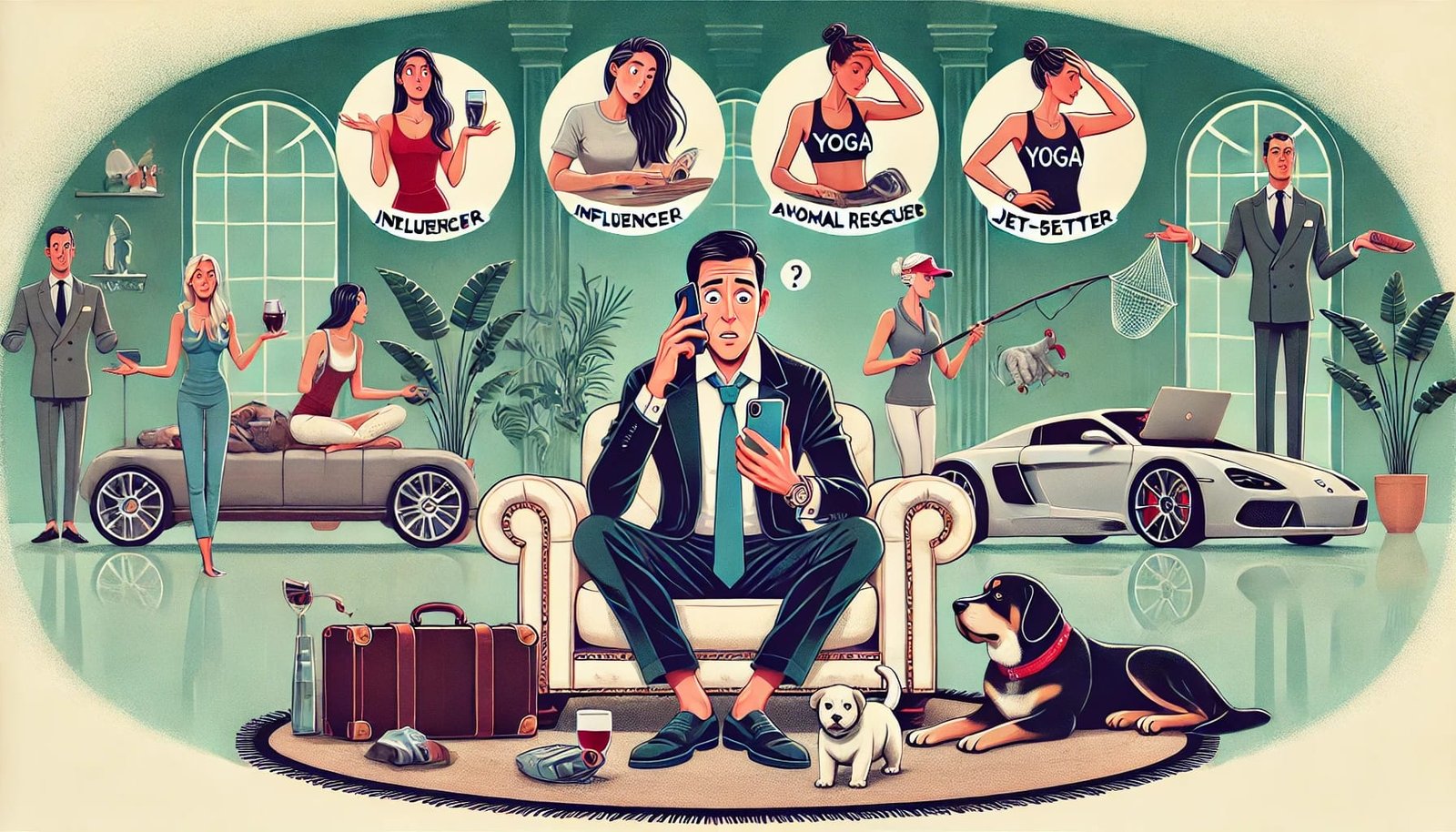 Humoristisk scene av en millionær omgitt av spøkelsesbilder av kjærester som forlater ham når de oppdager at han vil at de skal fortsette å jobbe.