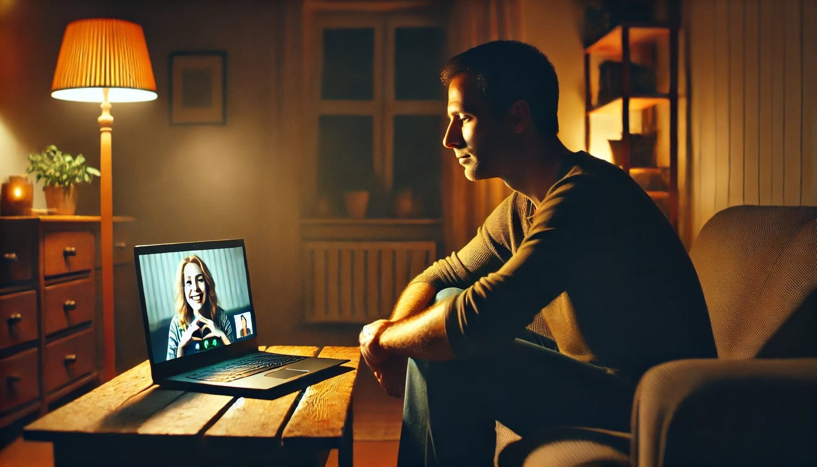 En ensom mann som videochatter med en live cam-modell, og føler seg engasjert og tilkoblet.