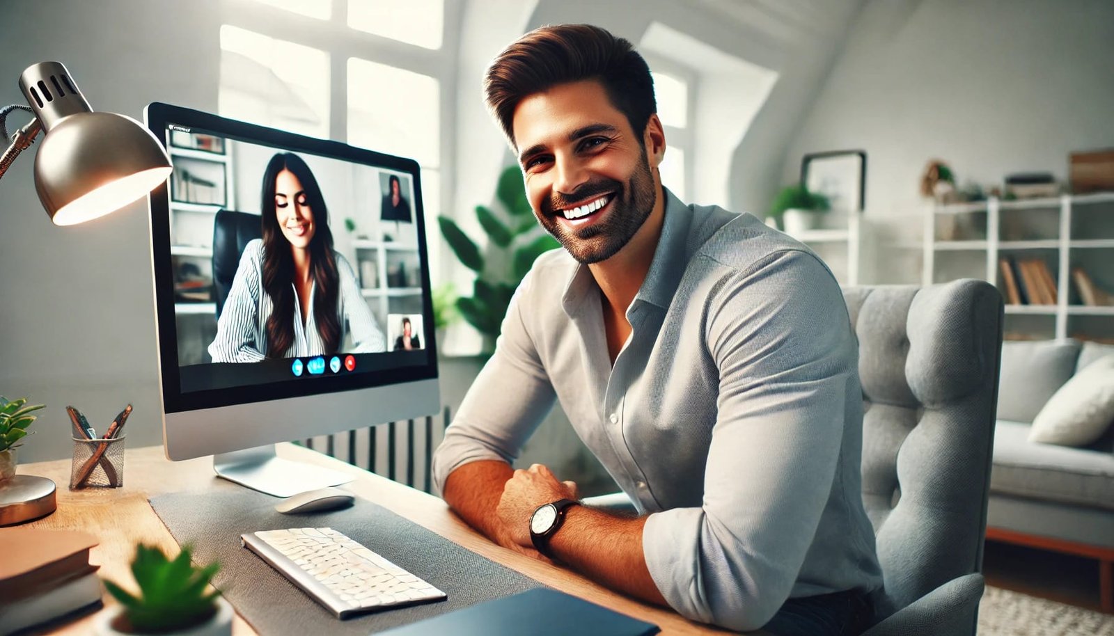 En selvsikker mann smiler under en live videochat på et stilig hjemmekontor, og føler seg tilkoblet og engasjert.